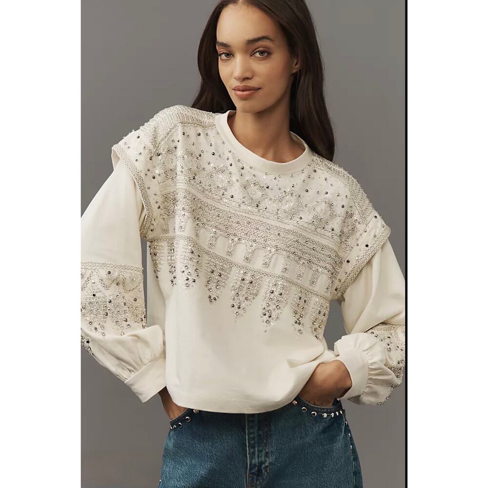 Pilcro Anthropologie Beaded Sequin Embellished Sweatshirt Ivory XS Puff Sleeve